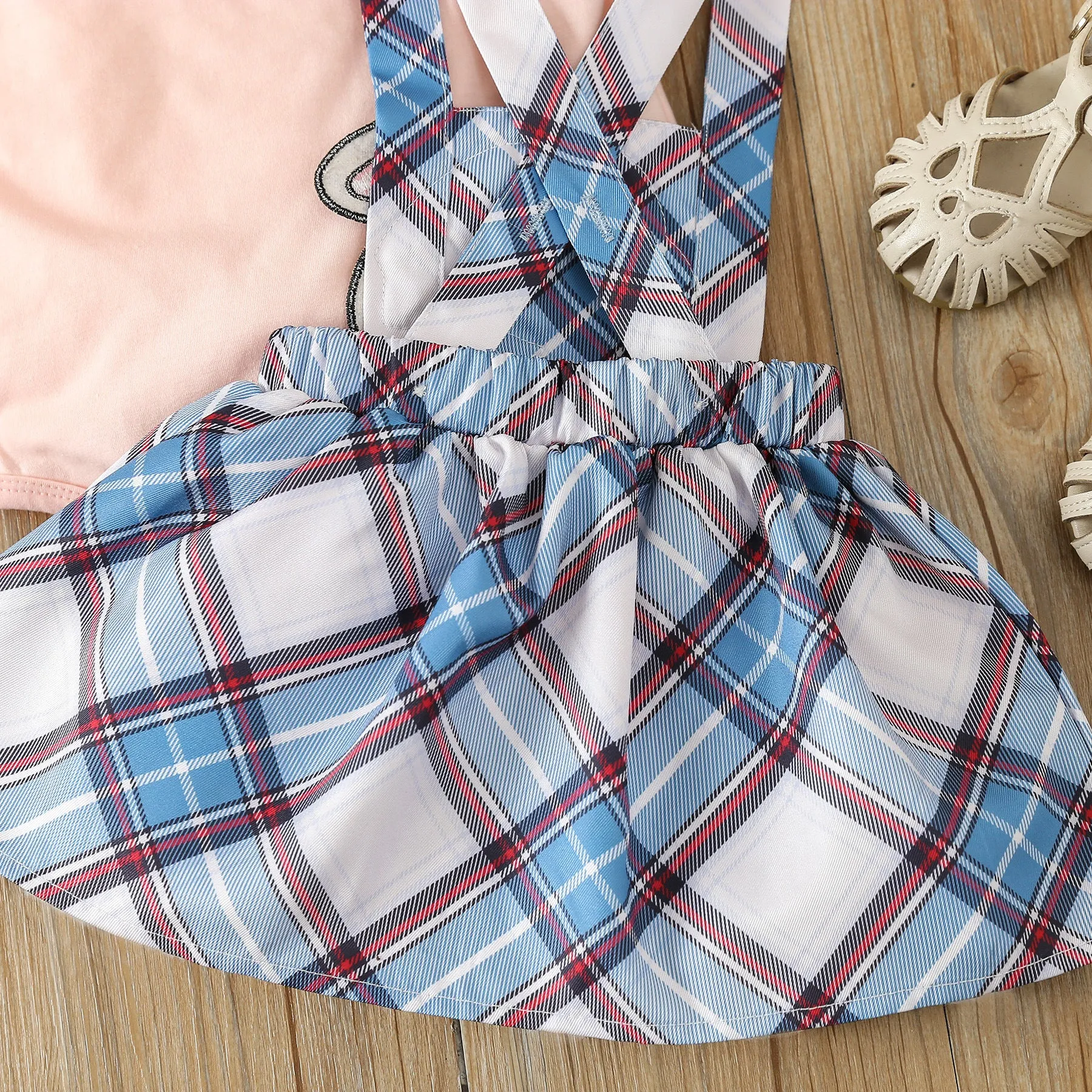 2 Pieces Set Baby Girls Solid Color Tops Checked And Cartoon Dresses Wholesale 24030147