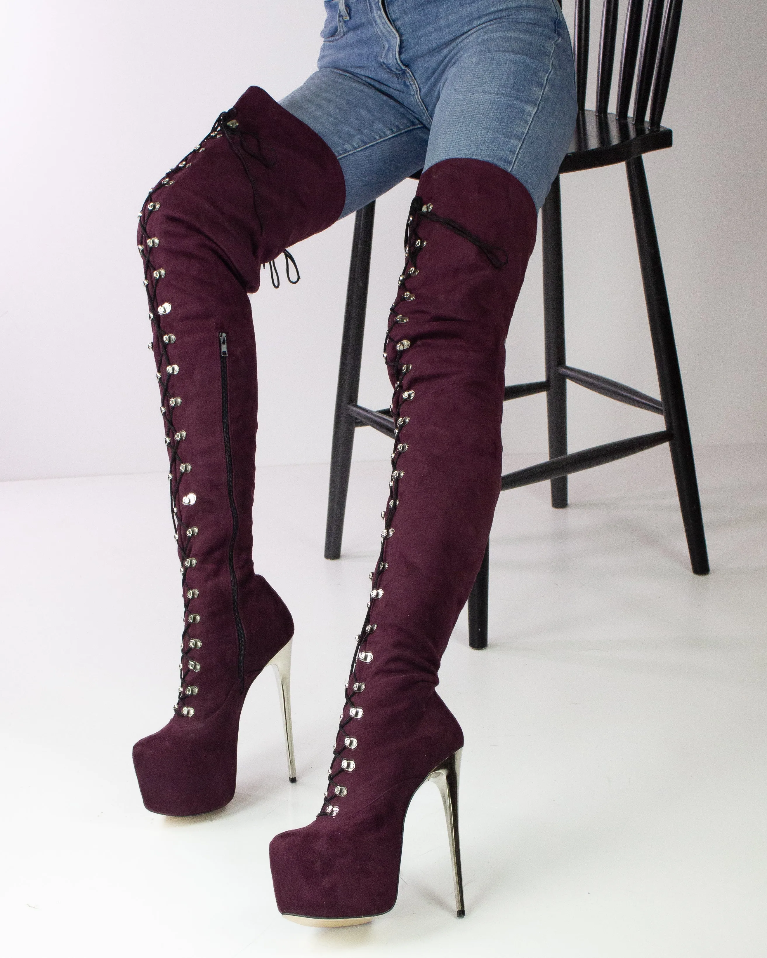 80 cms Burgundy  Extra Thigh High Military Boots