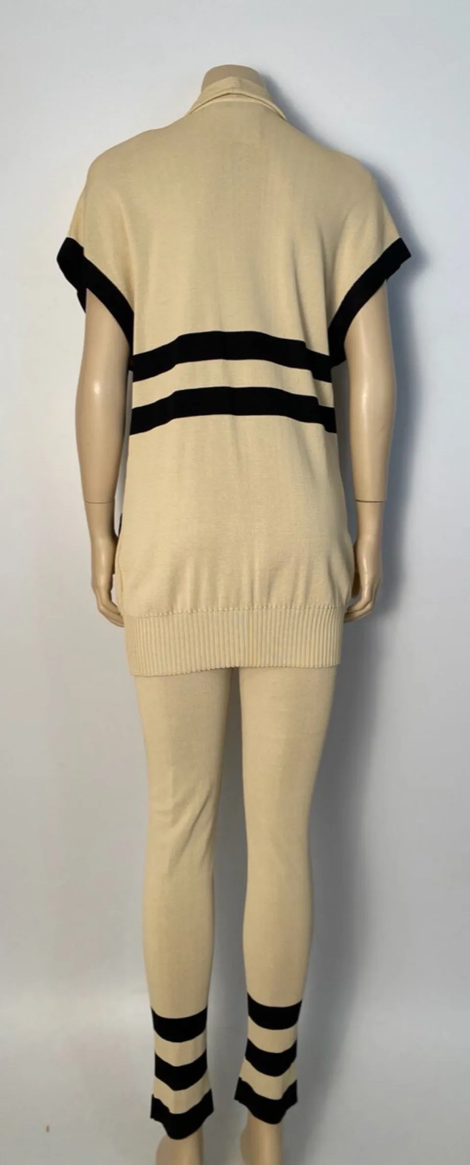 80’s/90’s Rare! Vintage Chanel stretchy pants w matching cardigan Striped Ecru and Black FR 40