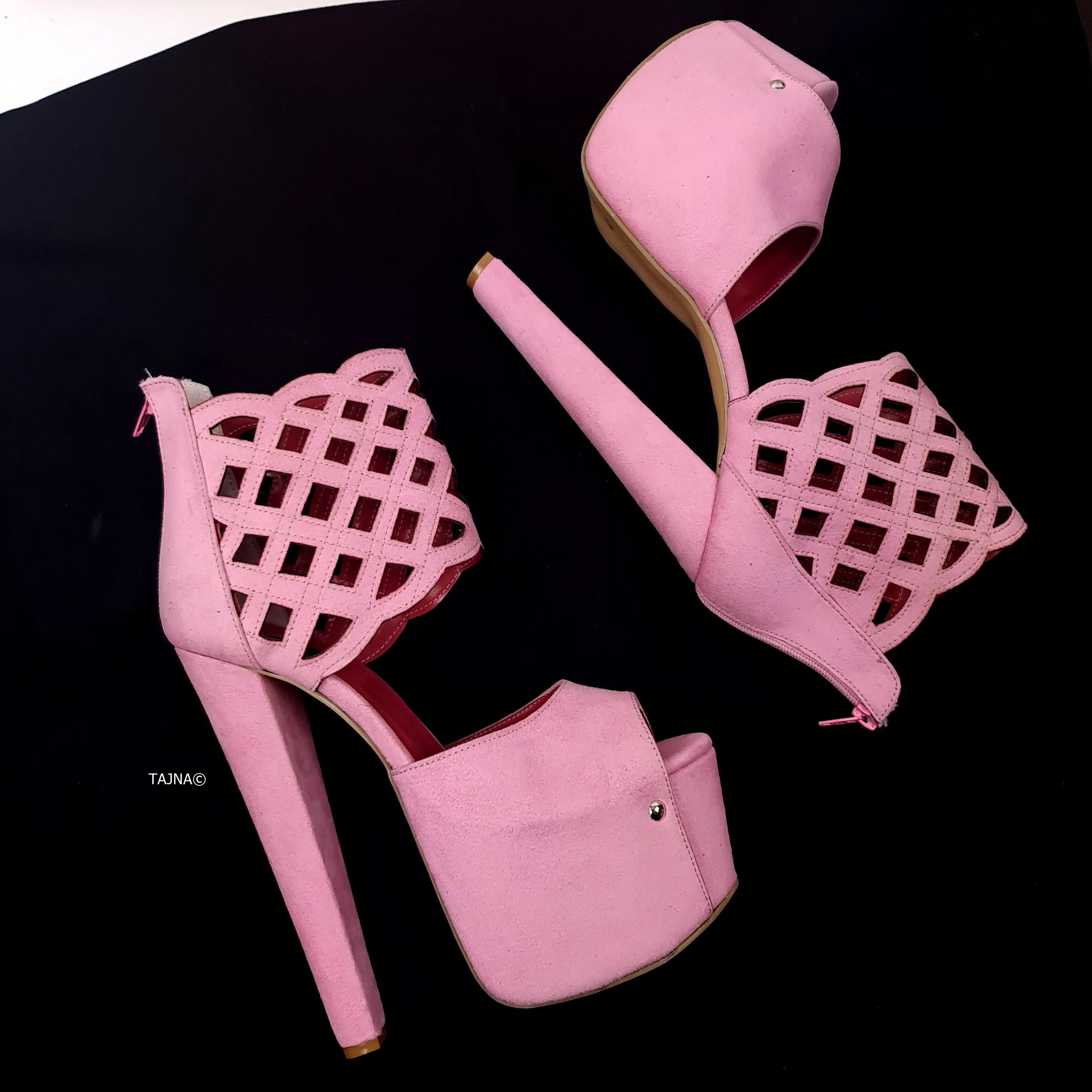 Ankle Cut Laser Detail Pink Suede Chunky High Heels