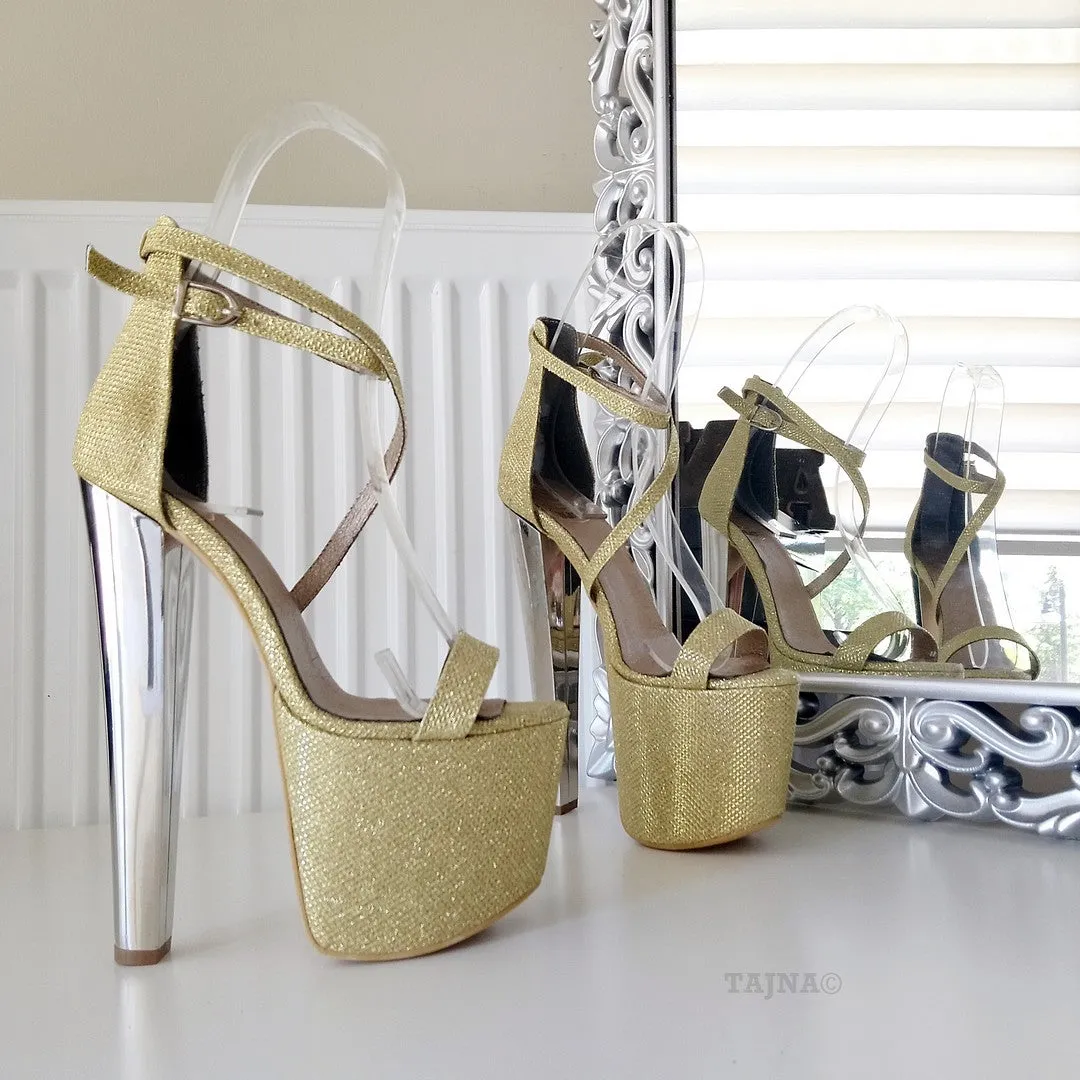 Ankle Strap Gold Shimmer 19 cm High Heel Platform Shoes