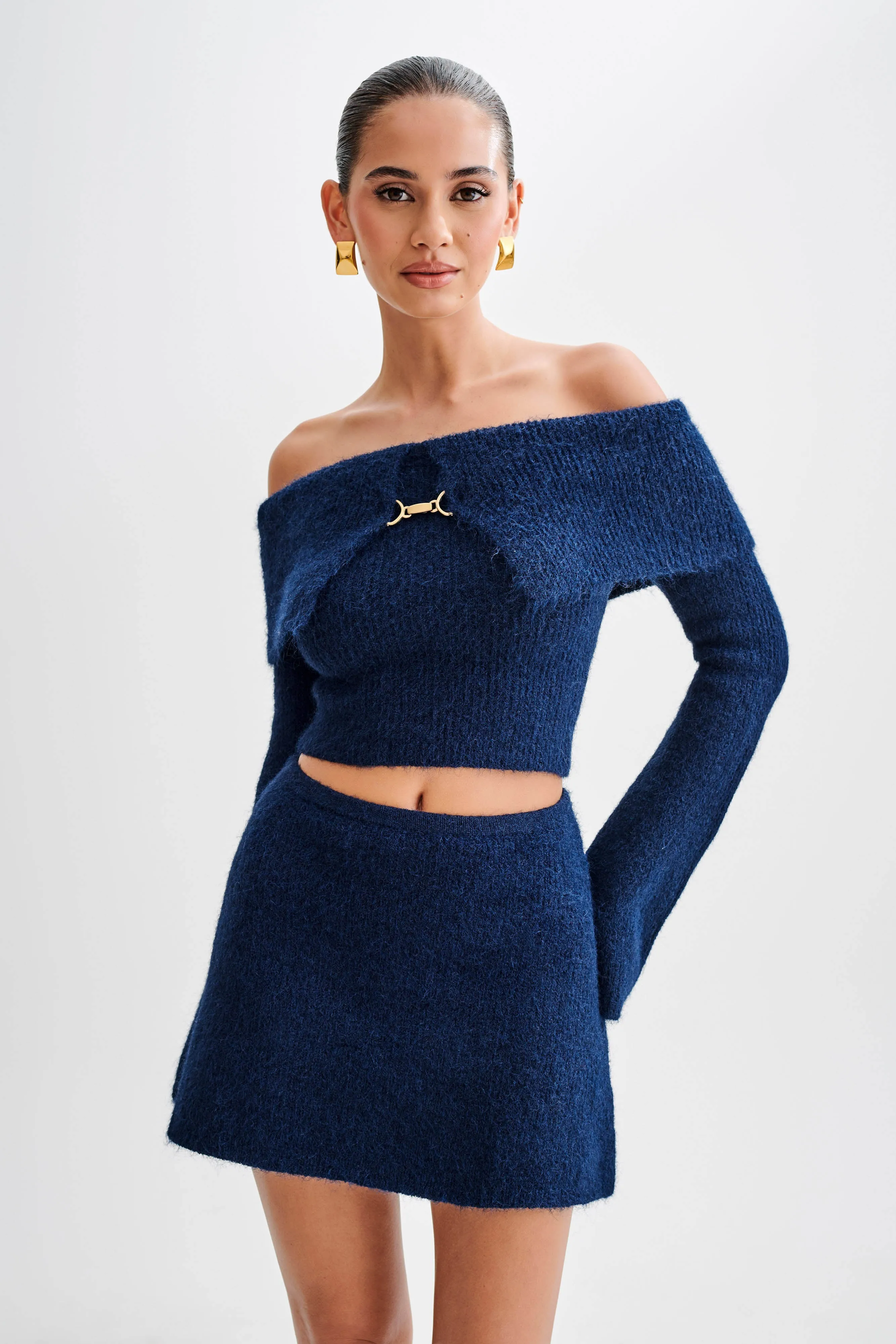 Baxter Off Shoulder Fluffy Knit Top - Navy