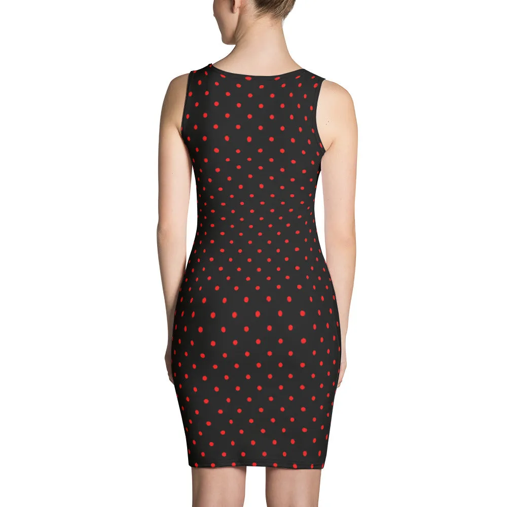 Beetle Women's Sleeveless Dress, Black Red Cute Polka Dots Designer Dress For Women -Made in USA