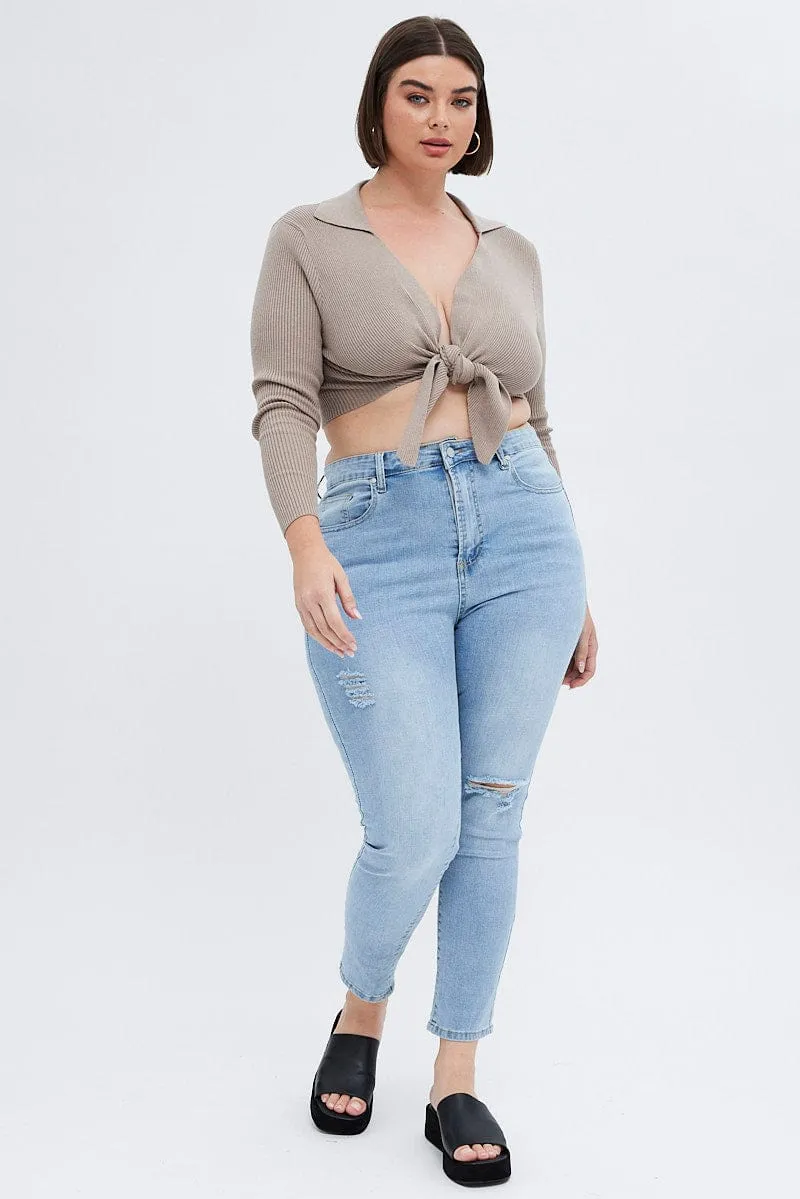 Beige Knit Top Front Tie Collared Crop