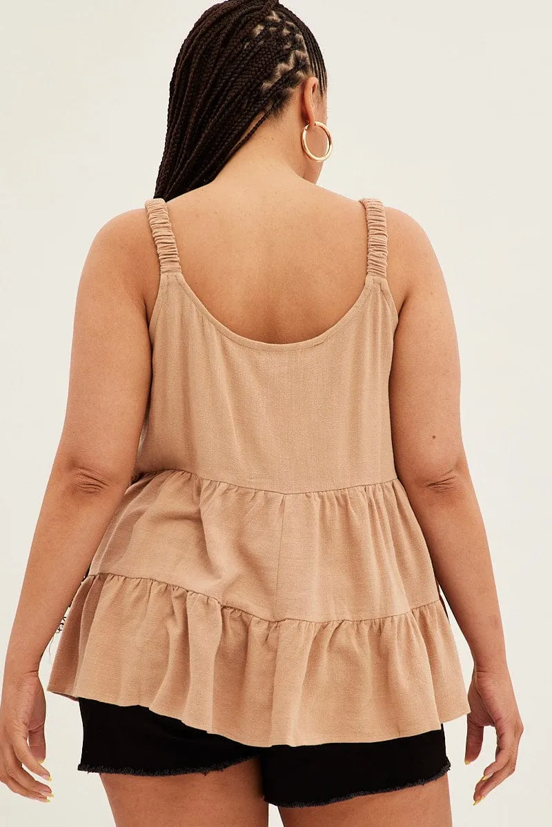 Beige Relaxed Top Sleeveless Tiered Linen Blend