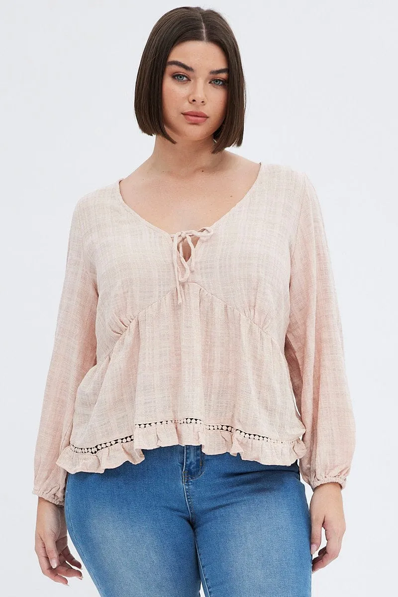 Beige Smock Top Long Sleeve V-Neck