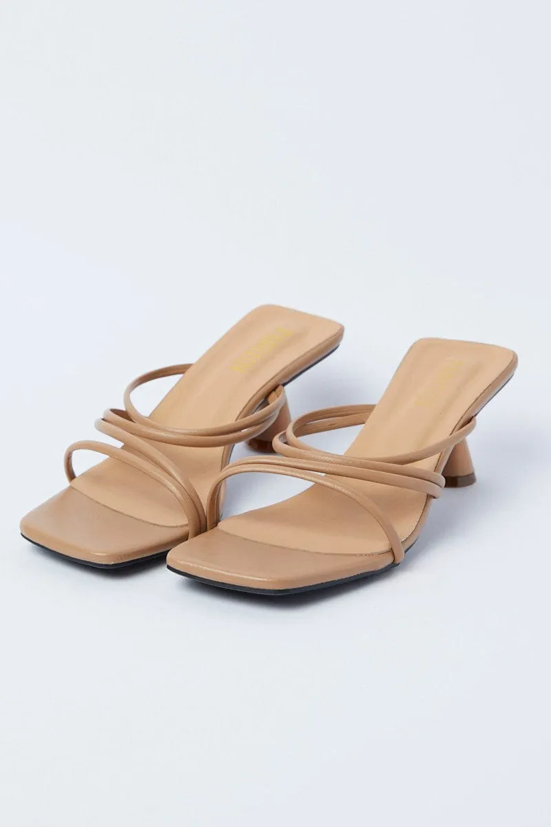 Beige Strappy Mid Heeled Mules