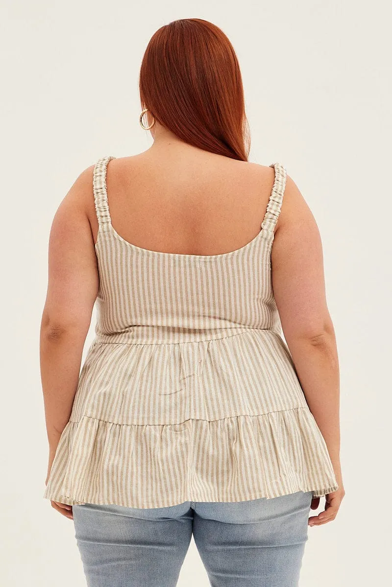 Beige Stripe Smock Top Sleeveless Tiered