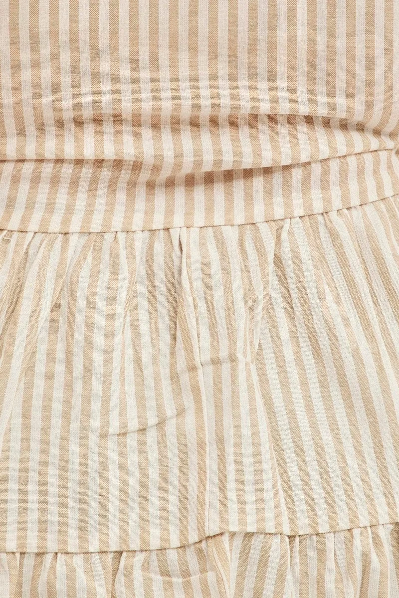 Beige Stripe Smock Top Sleeveless Tiered