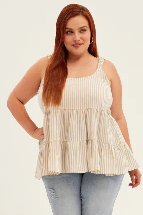 Beige Stripe Smock Top Sleeveless Tiered