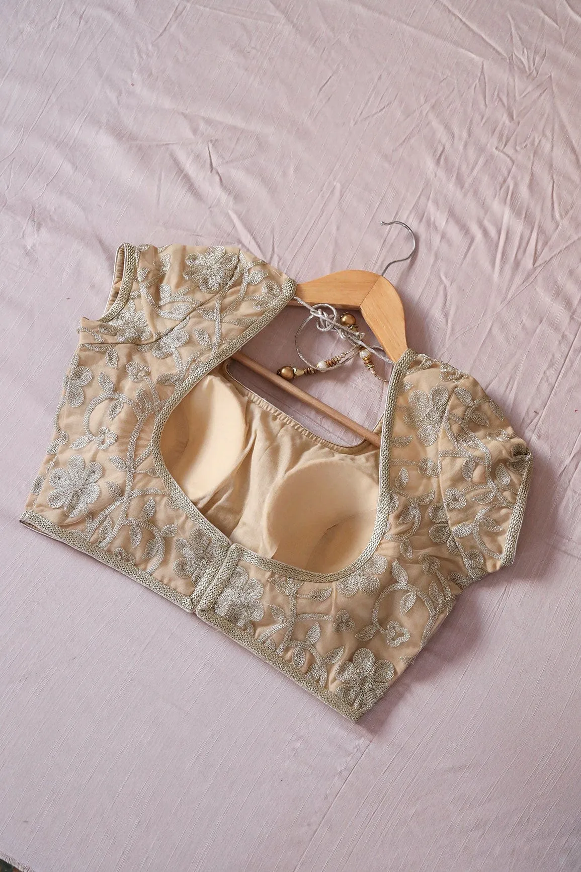 Beige Zari Embroidery Net Stitched Blouse