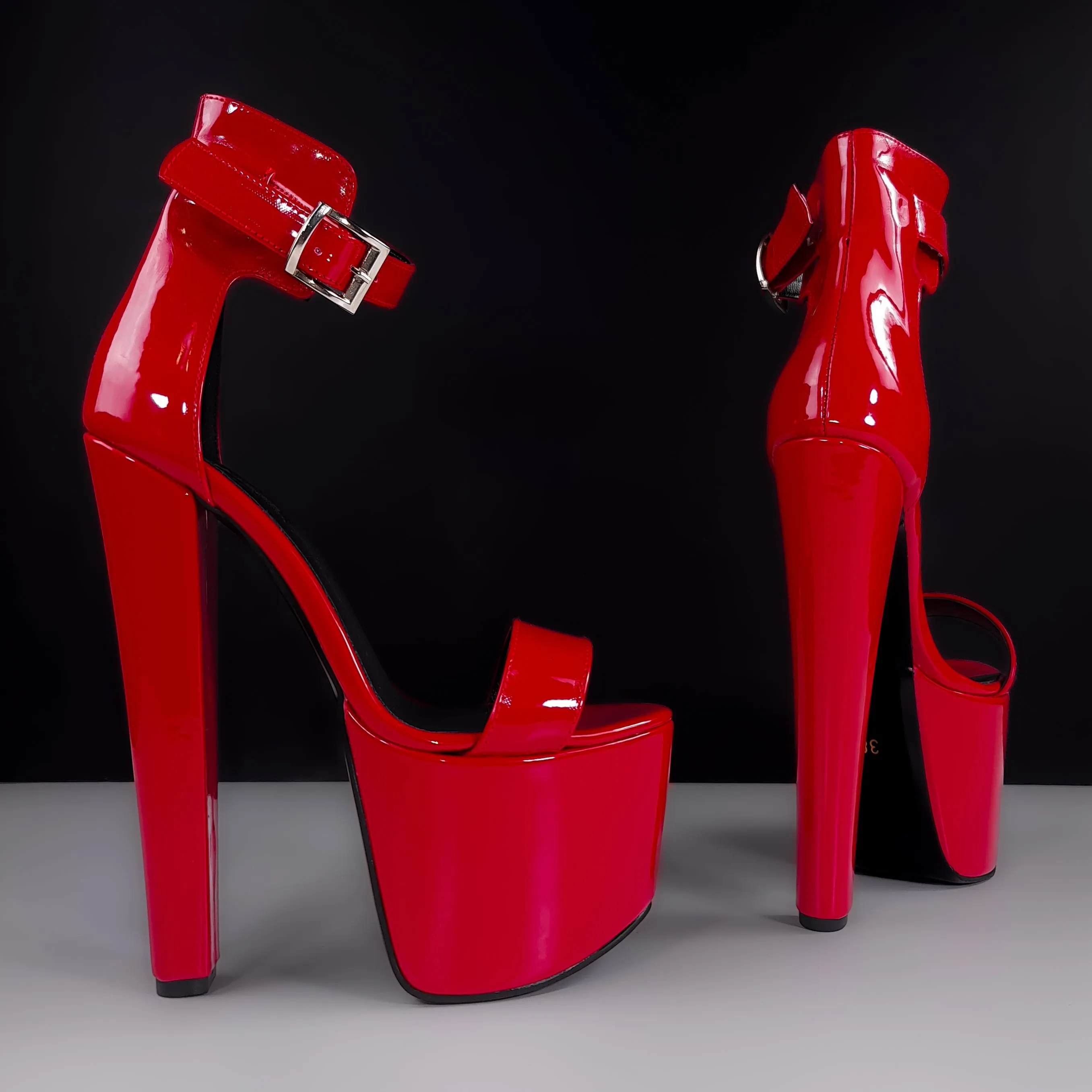 Belted Ankle Red Gloss Chunky High Heel Sandals