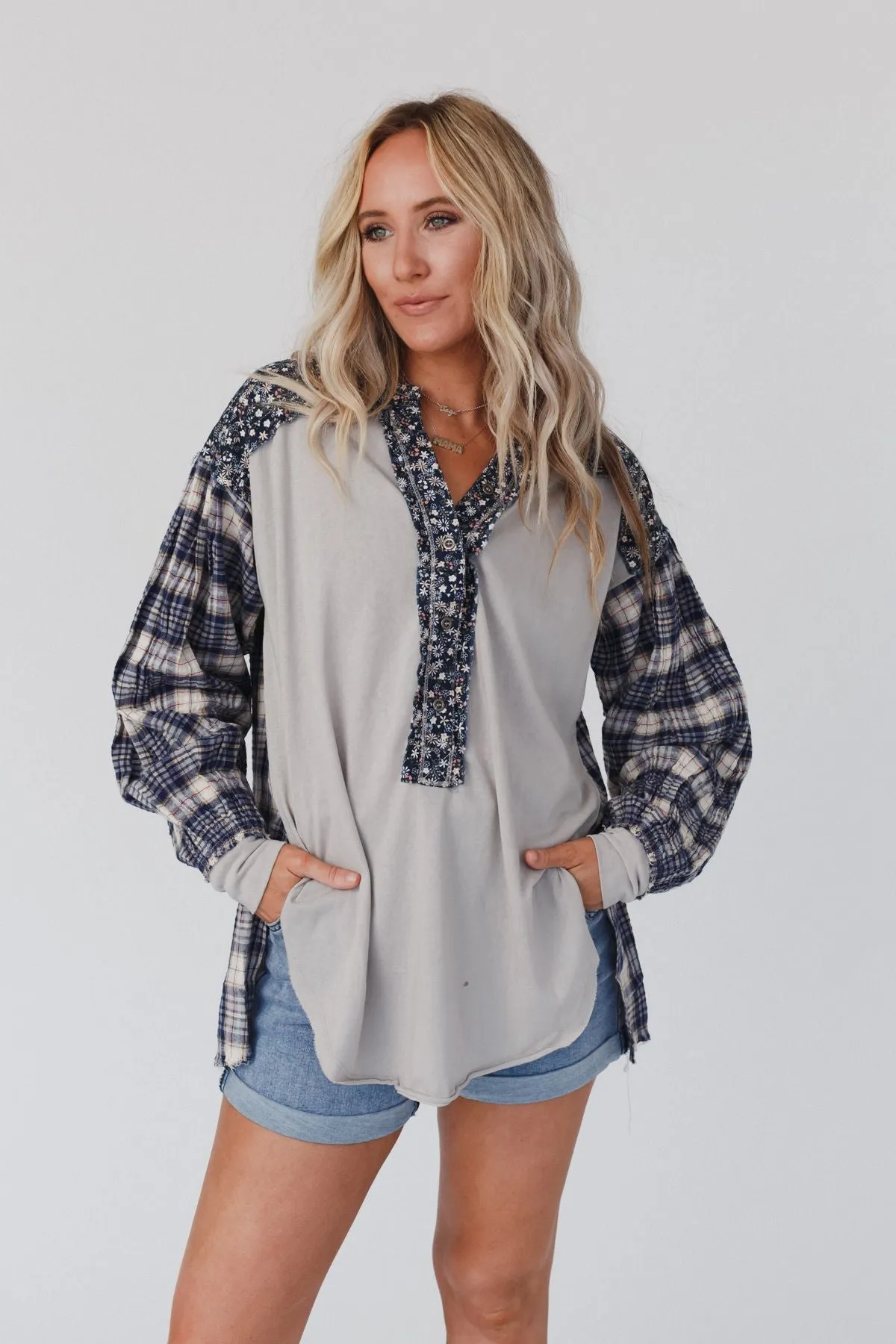 Better Together Mixed Print Top - Blue Gray