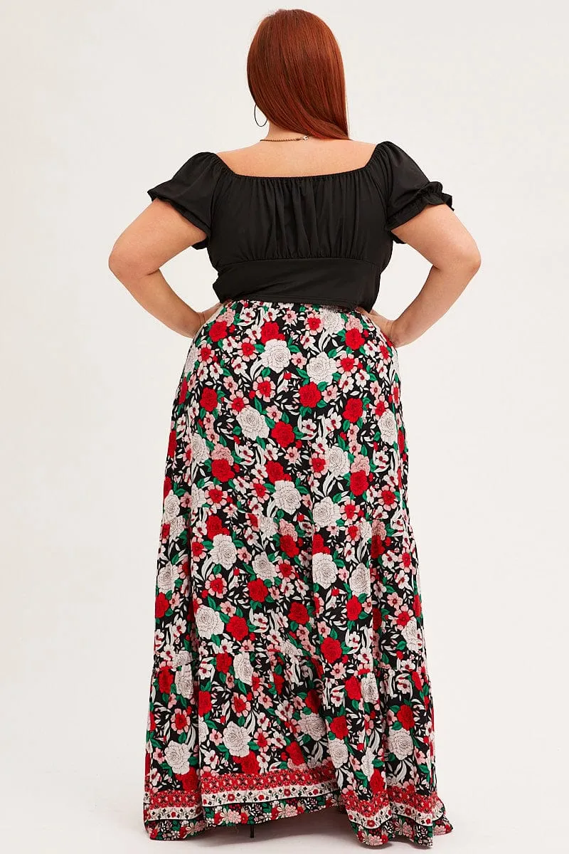 Black Boho Maxi Skirt High Waist Tiered