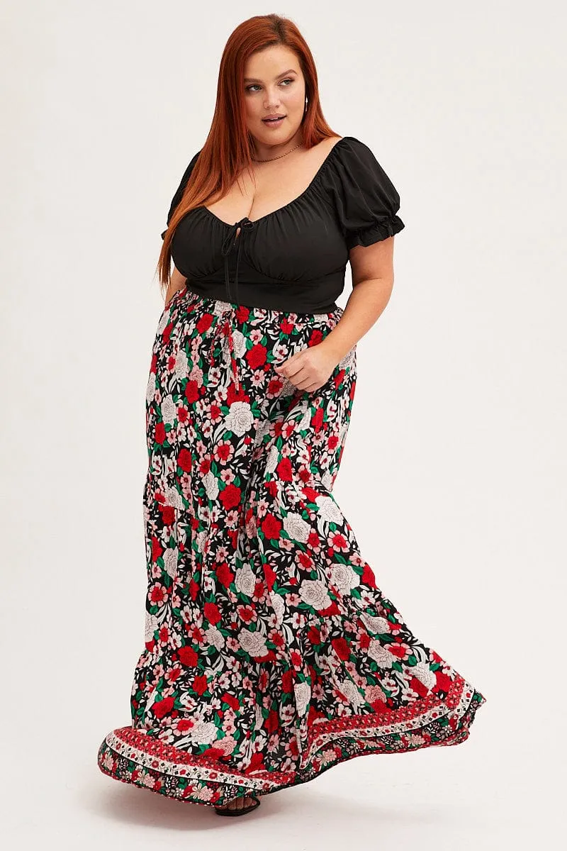 Black Boho Maxi Skirt High Waist Tiered