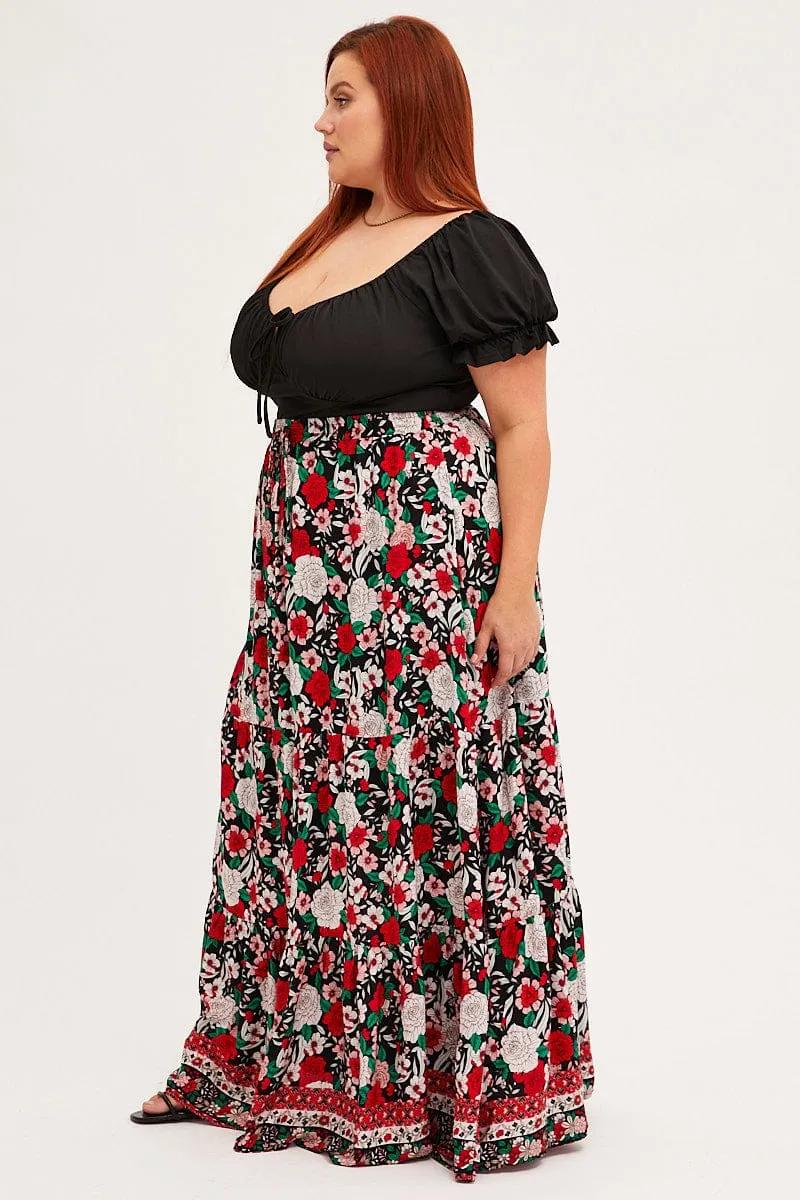 Black Boho Maxi Skirt High Waist Tiered