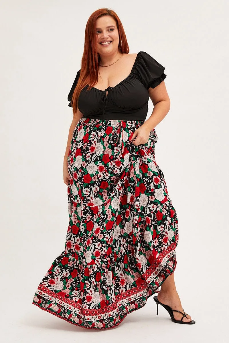 Black Boho Maxi Skirt High Waist Tiered