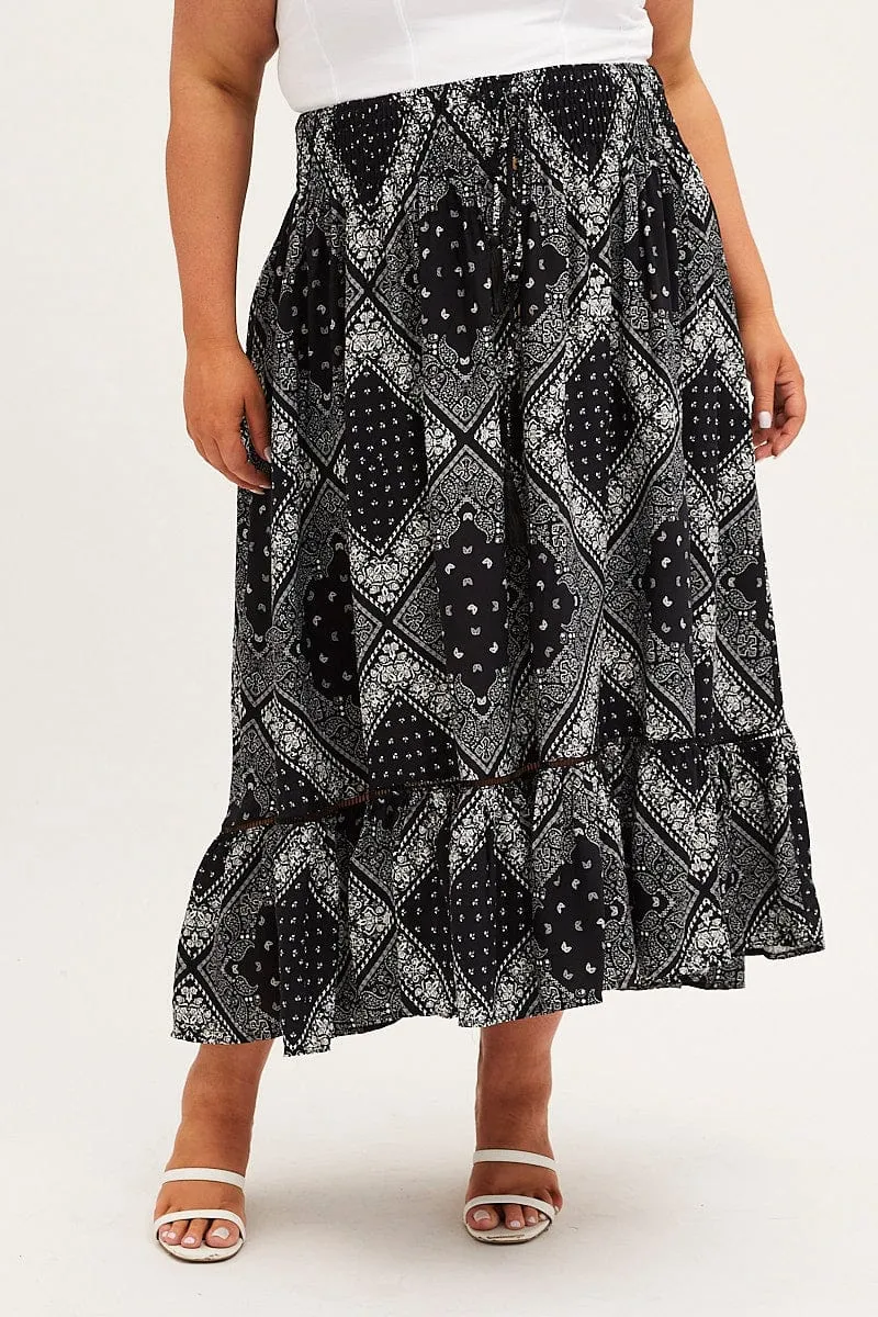 Black Boho Midi Skirt High Waist Tiered