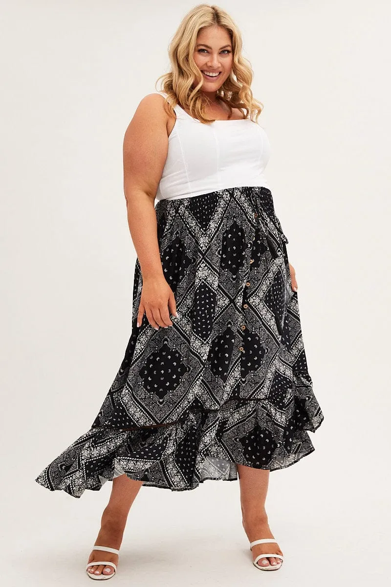 Black Boho Midi Skirt High Waist Tiered