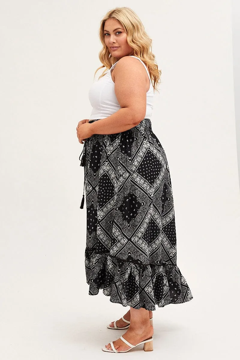 Black Boho Midi Skirt High Waist Tiered