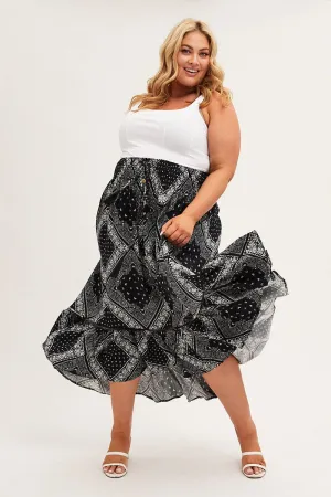 Black Boho Midi Skirt High Waist Tiered