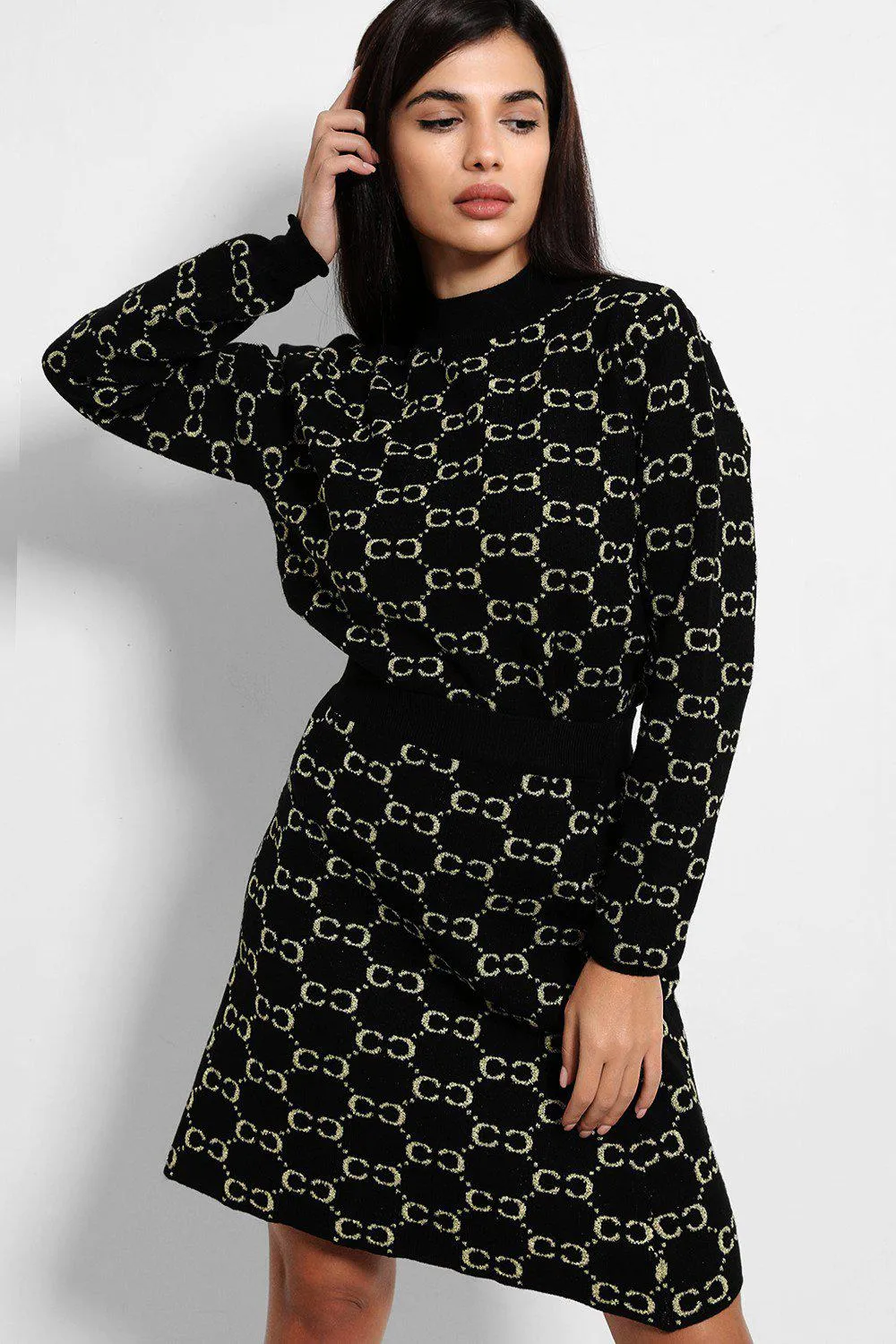 Black Lurex Chain Print Soft Knit Skirt And Pullover Set