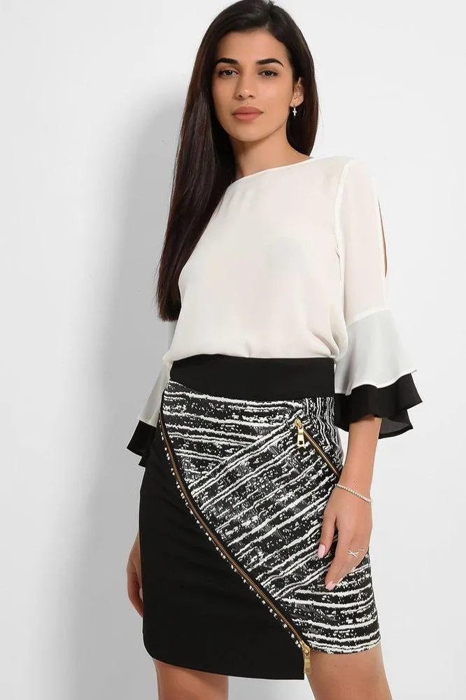 Black Monochrome Asymmetric Zip Hem Skirt