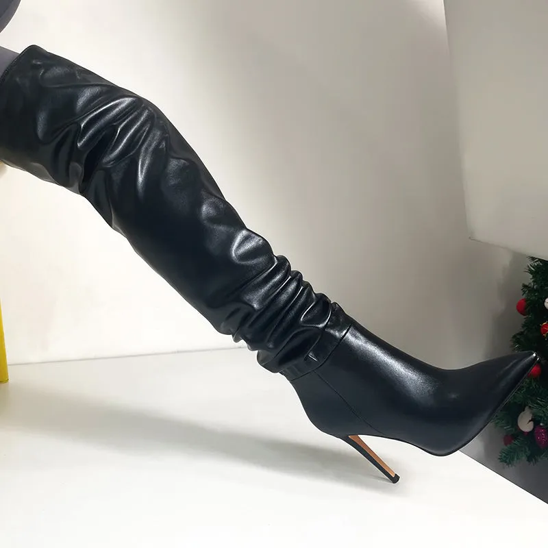 Black Pointed Toe Stiletto Tight High Boots 10CM Heel