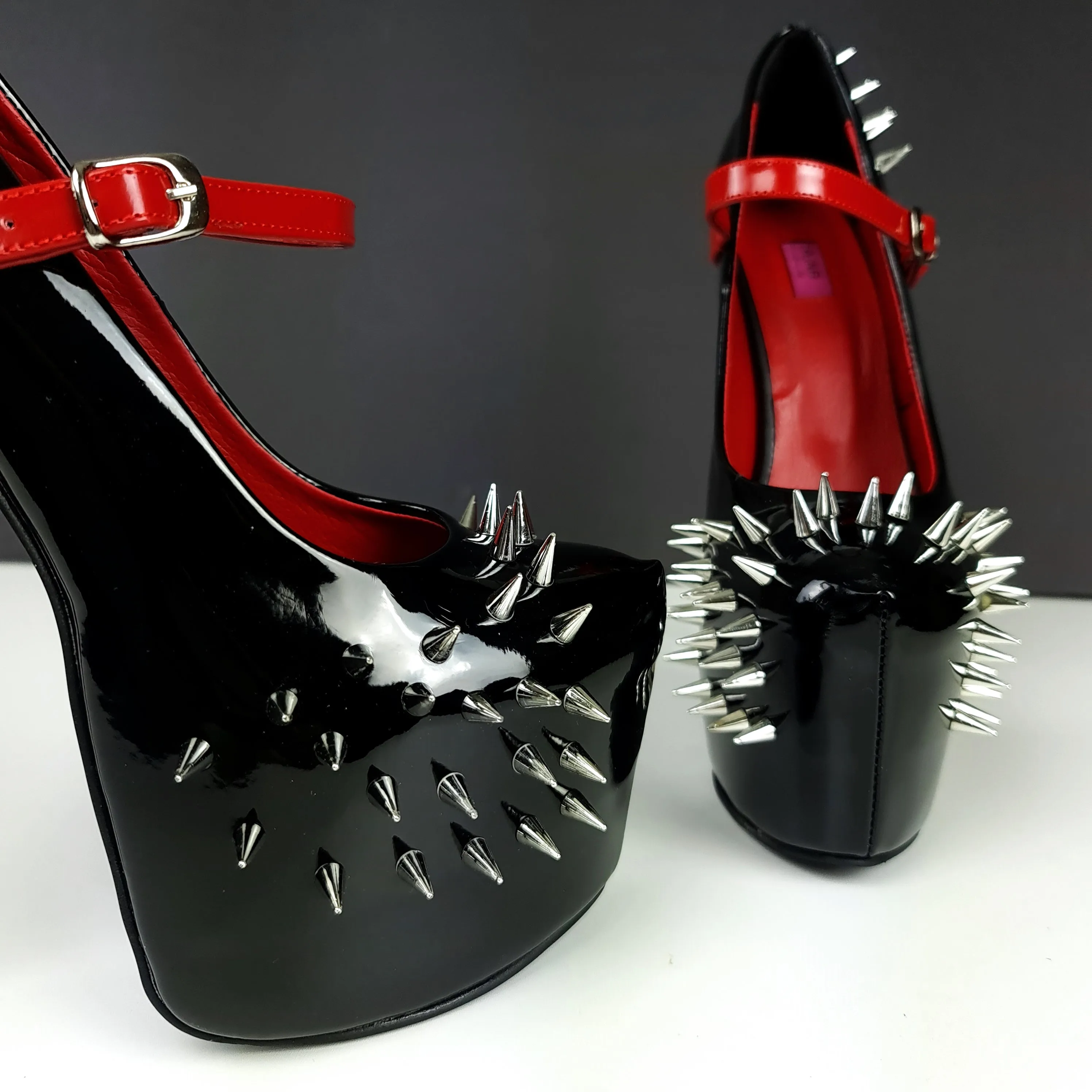 Black Red Gloss Spike Studded Strapped Heels