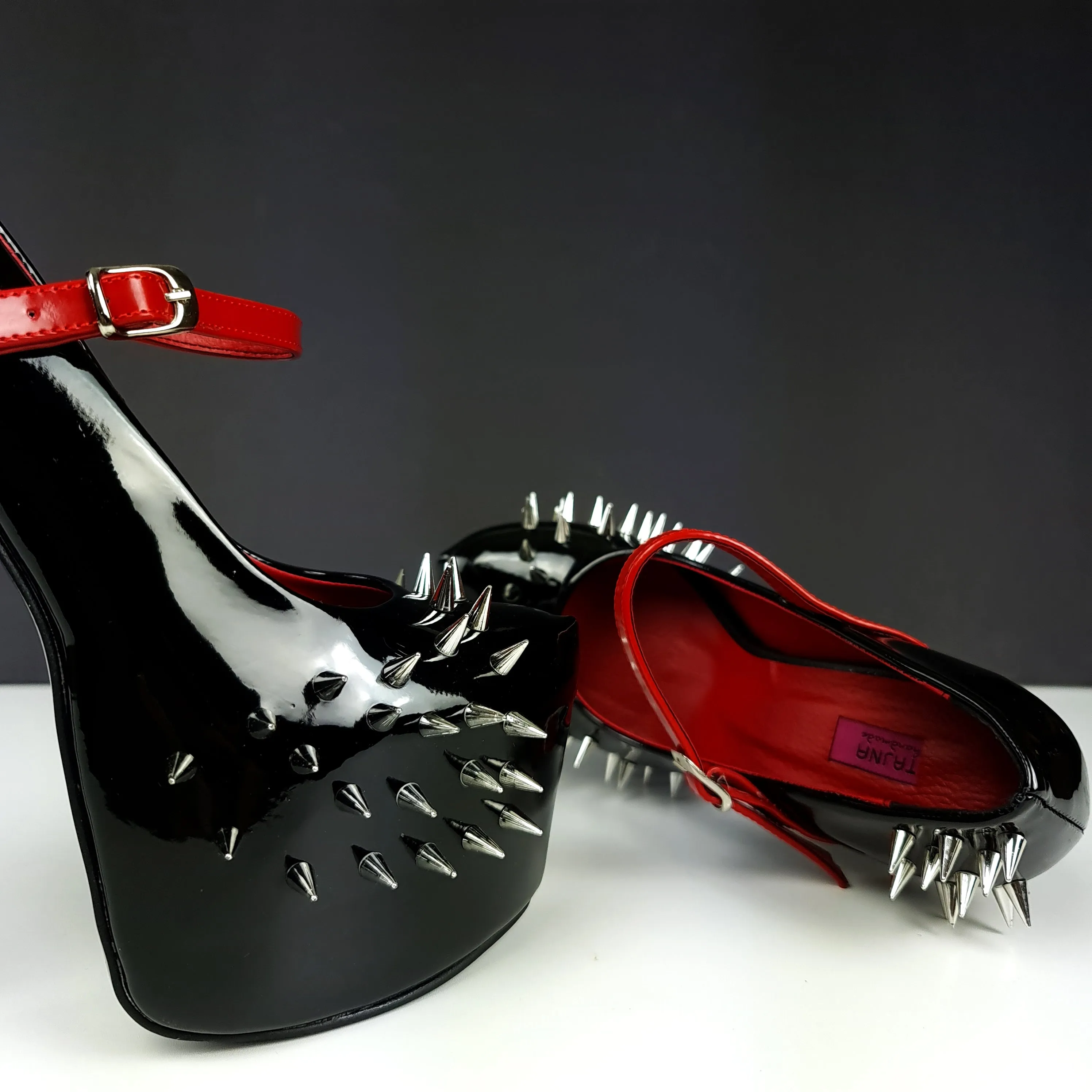 Black Red Gloss Spike Studded Strapped Heels