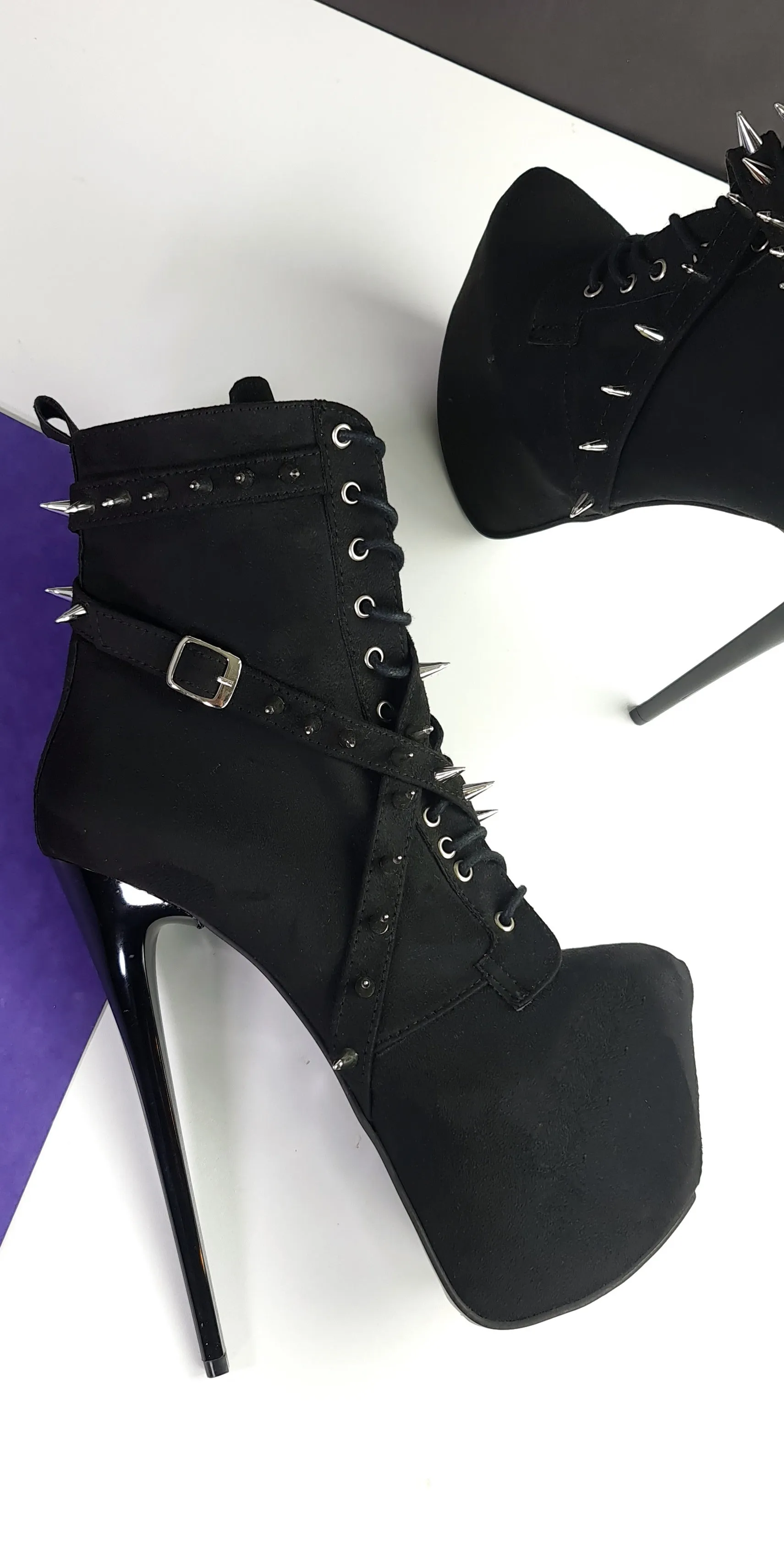 Black Suede Long Spike Studs Rocker Boots