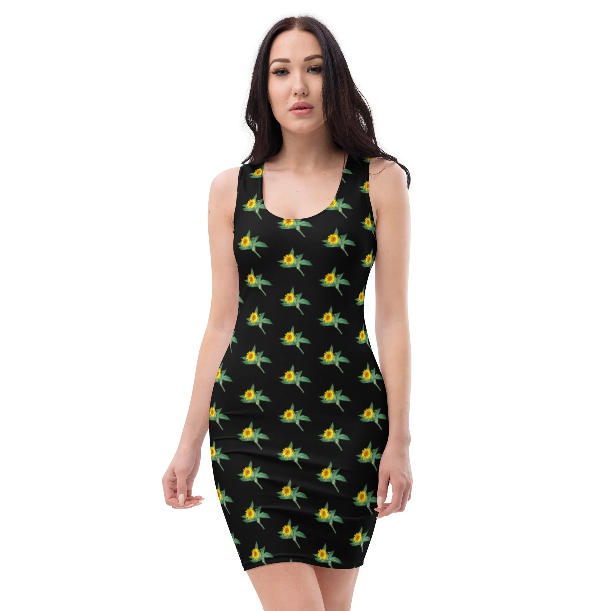 Black Sunflower Floral Print Dress, Sunflower Print Sleeveless Women's Dress - Made in USA/EU/MX