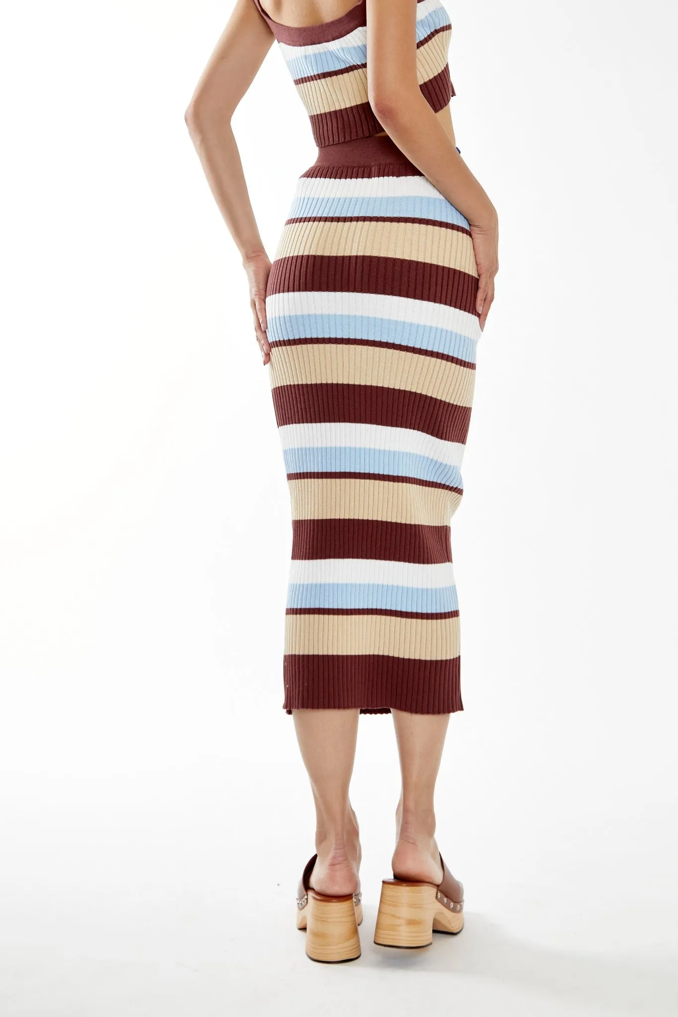 Blue-Brown Stripe Rib Knit Midi-Skirt