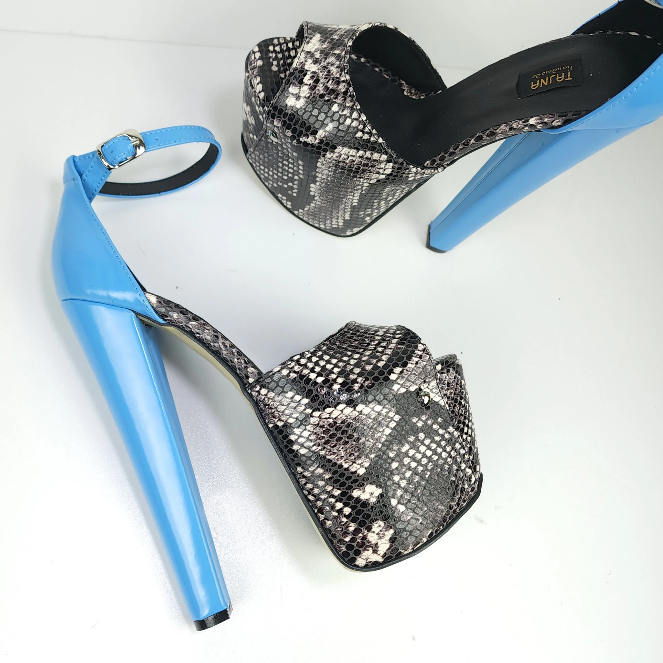 Blue Gray Snake Print Ankle Strap Sandals