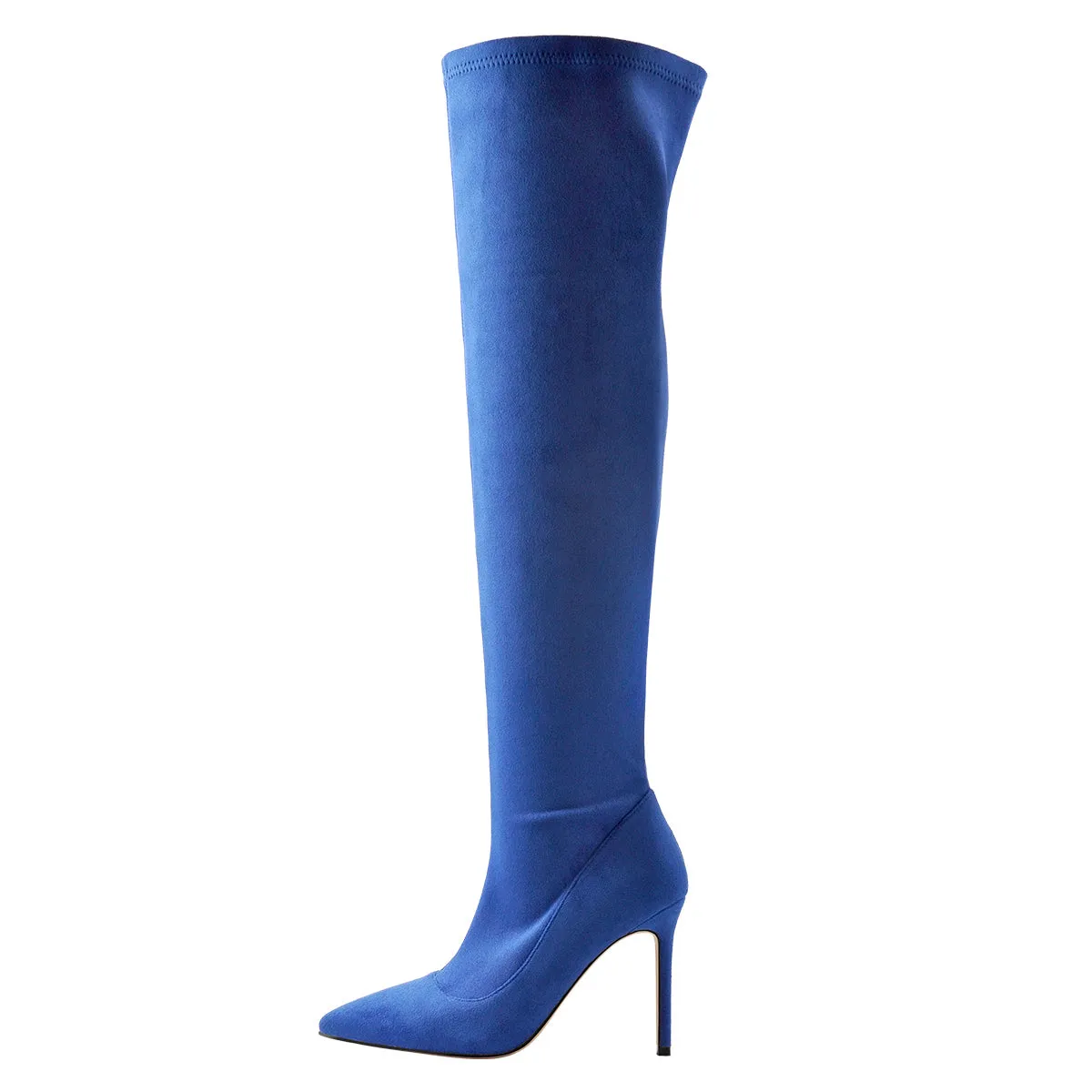 Blue Stretch Overthe Knee High Boot Pointed Toe Stiletto Booties