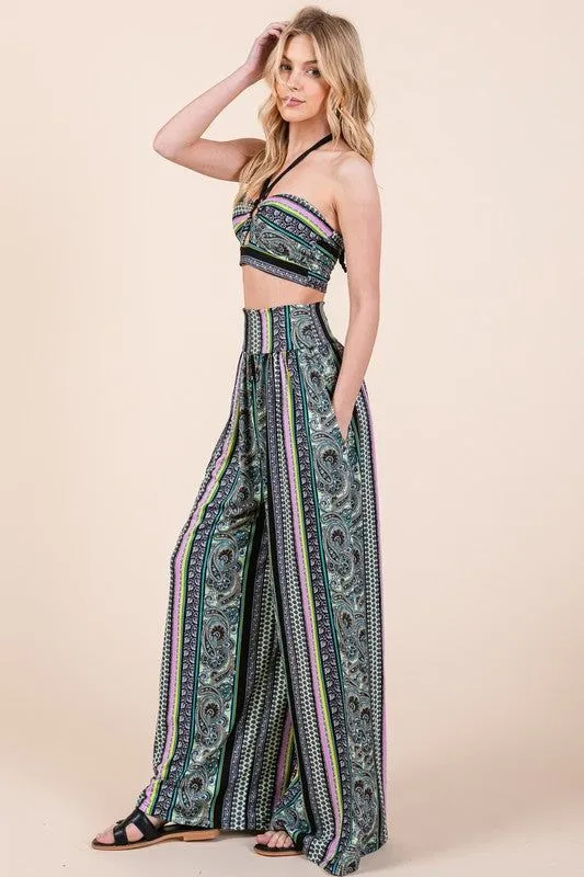 Boho. Print Wide Leg Pants with Pockets