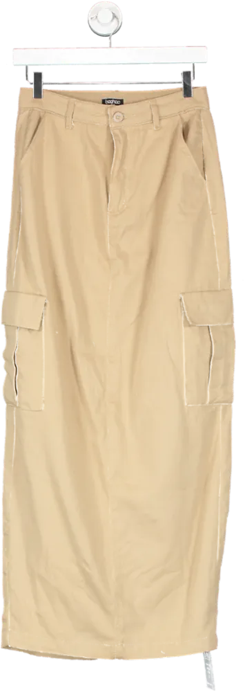 boohoo Beige High Waisted Twill Maxi Cargo Skirt UK 10