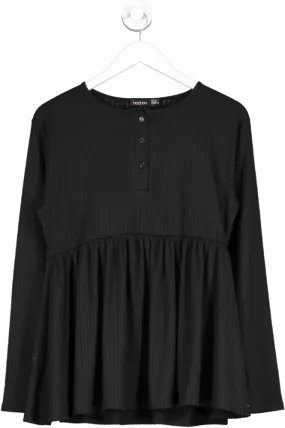 boohoo Black Pleated Button Detail Long Sleeve Top UK 14