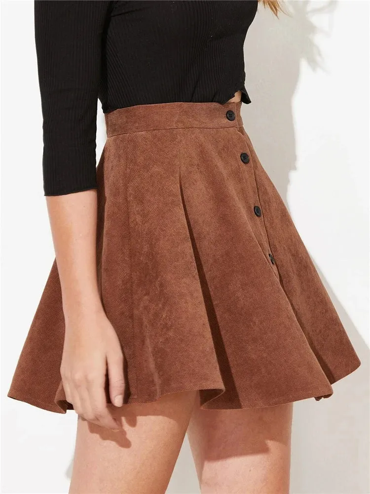 Button Up Corduroy Mini Pleated Skirt