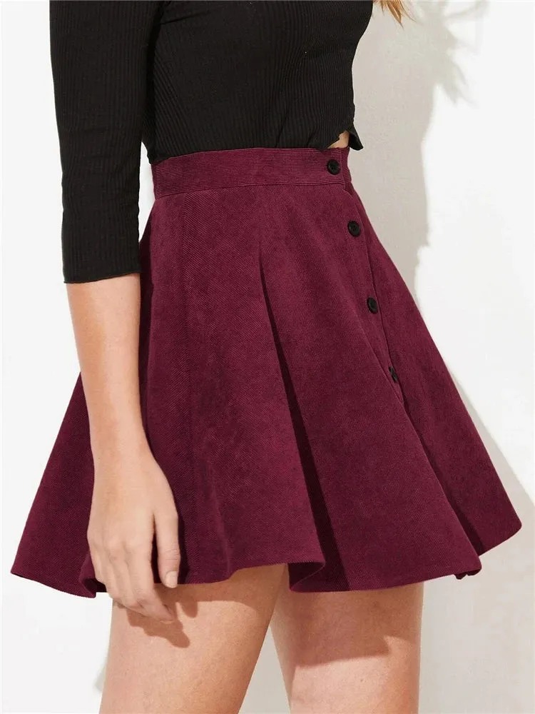 Button Up Corduroy Mini Pleated Skirt