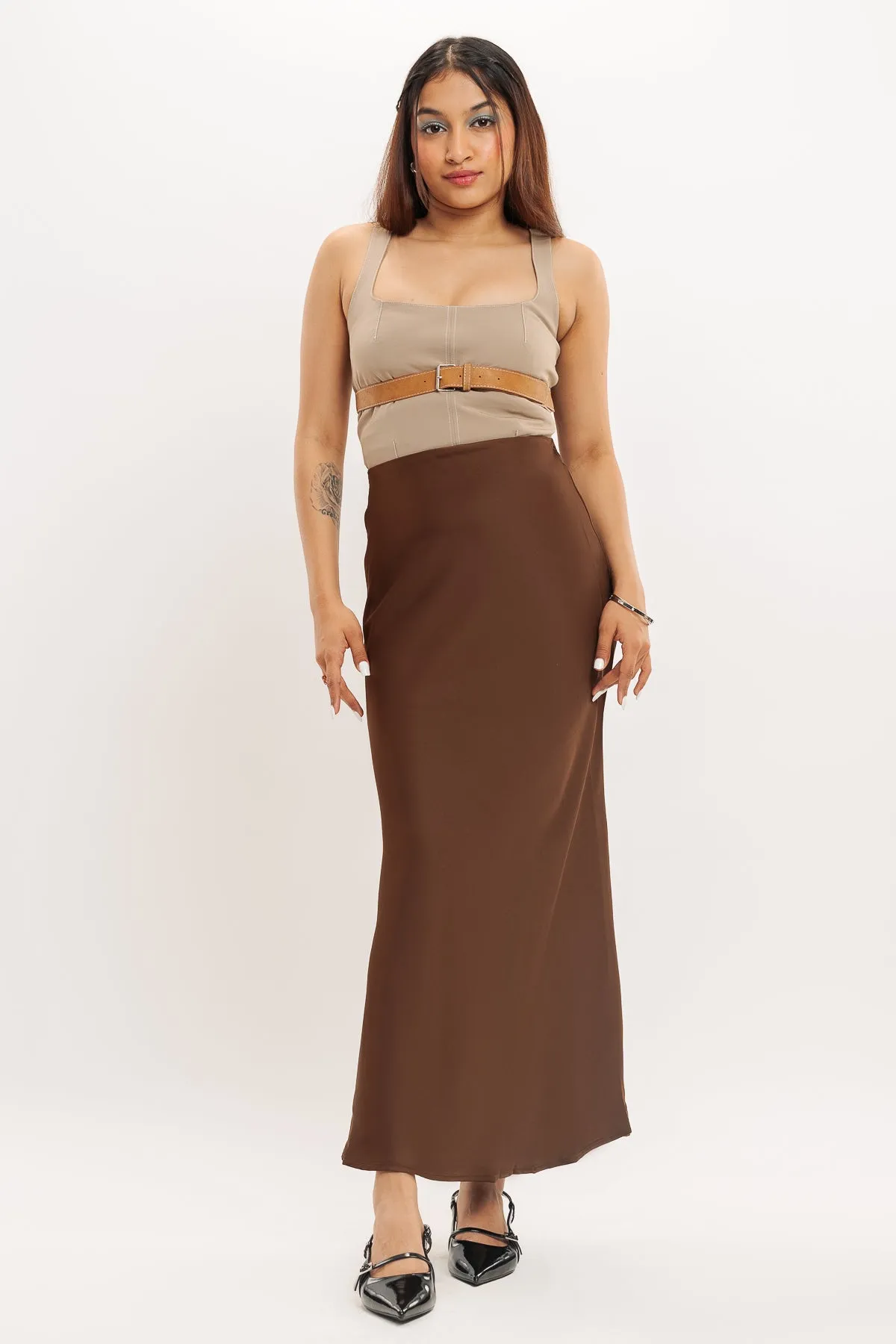 Choco Brown Satin Long Skirt