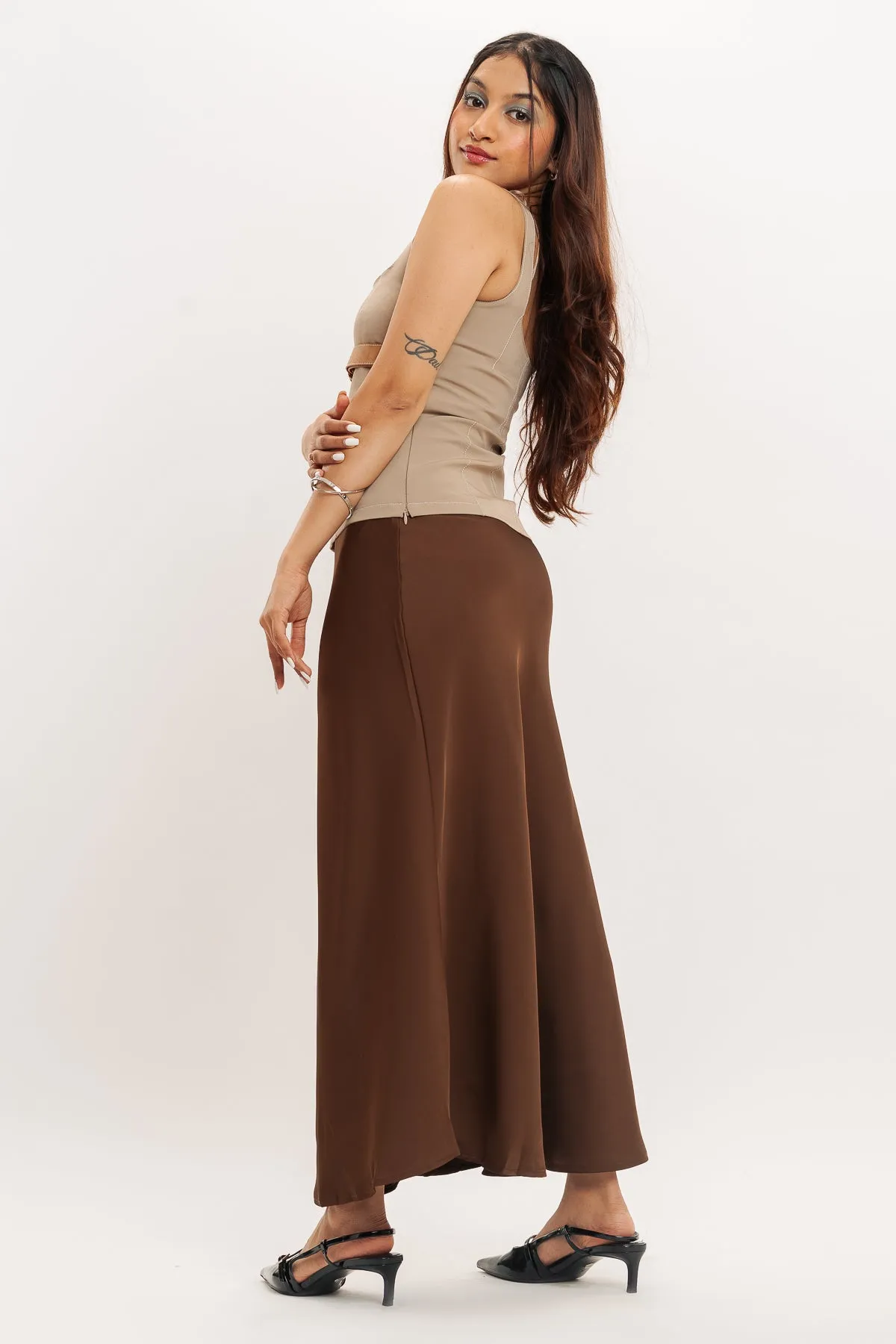 Choco Brown Satin Long Skirt