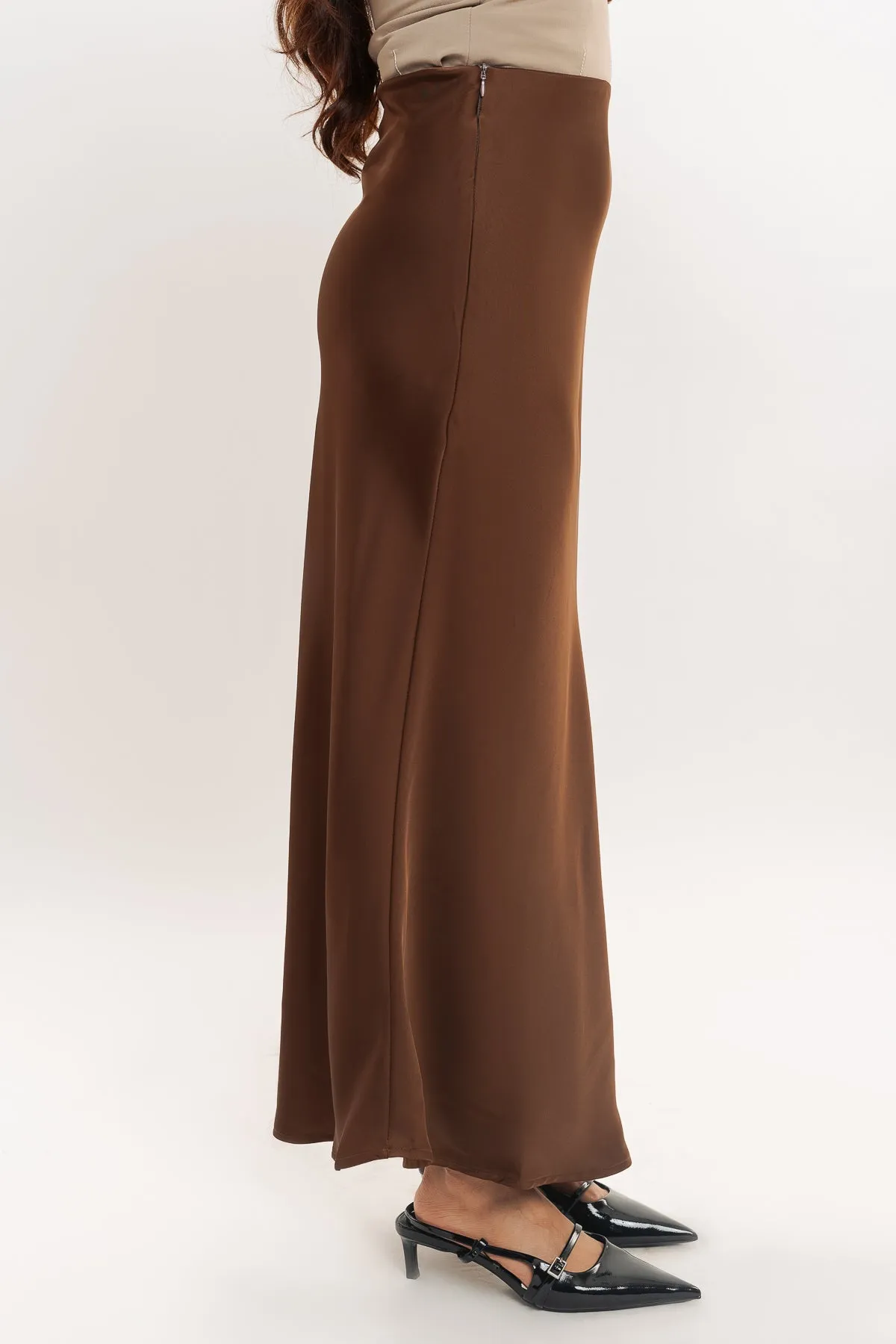 Choco Brown Satin Long Skirt