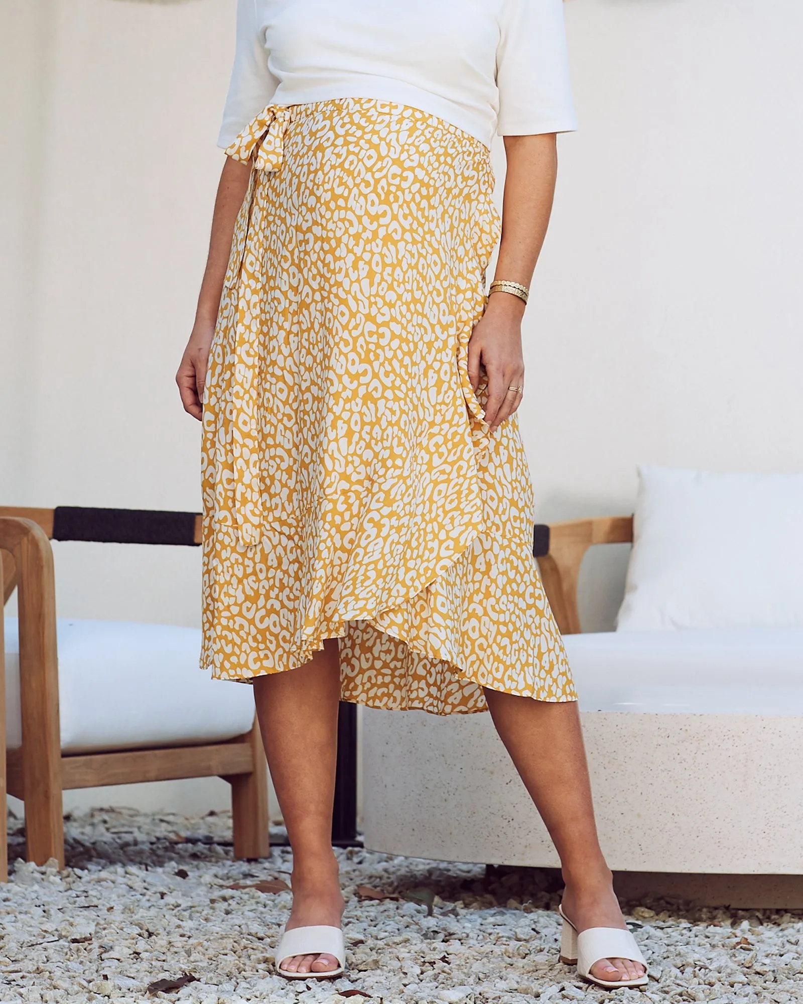 Christie Maternity Wrap Midi Skirt in Yellow Animal Print