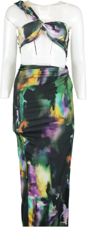 Club L Multicoloured Watercolour Print Knot Split Maxi Skirt & One Shoulder Bralette Uk 10 UK 6