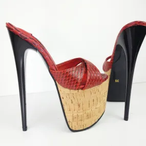 Cork Detail Dark Red Croco High Heel Mules