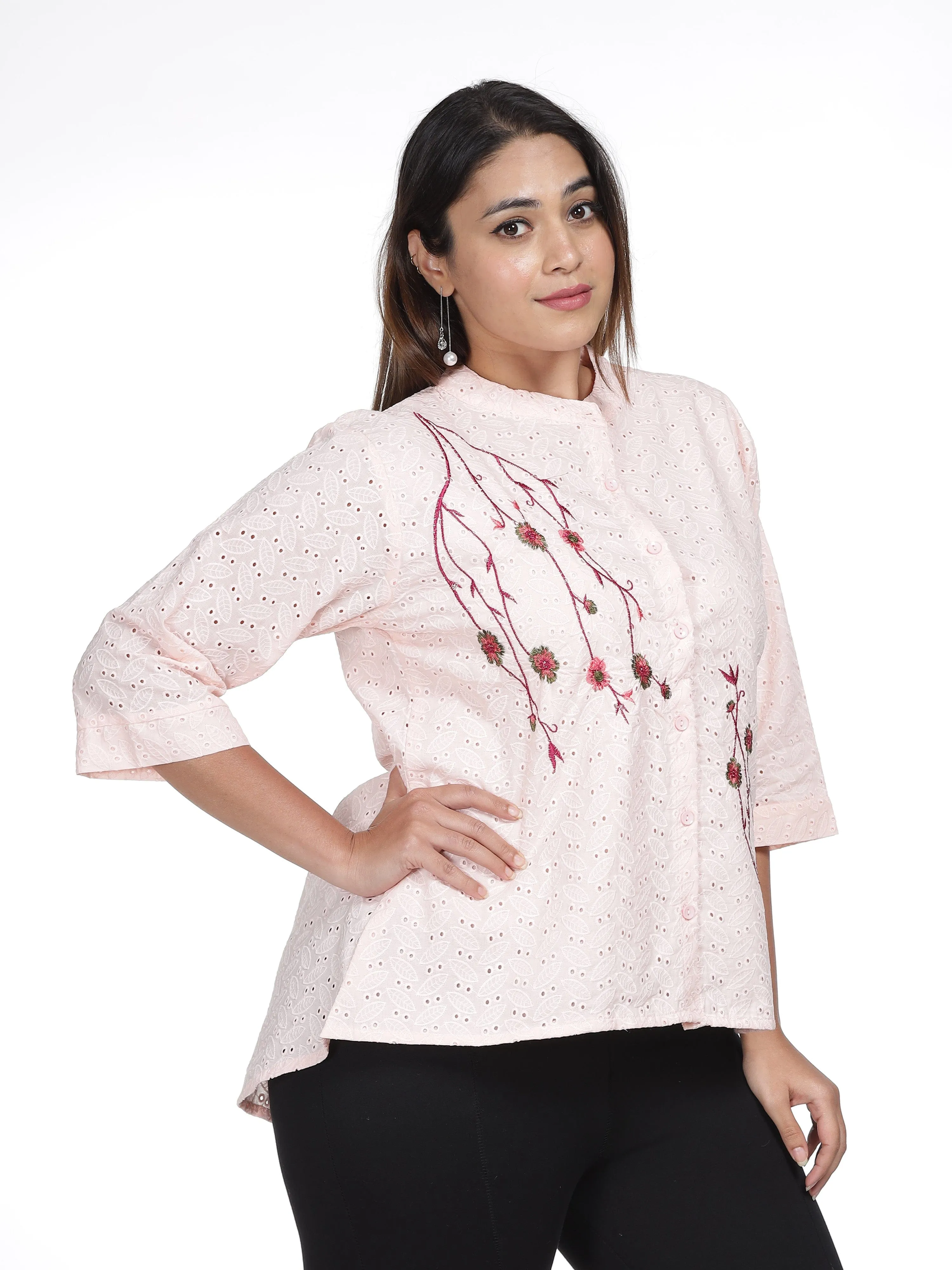 Cotton Top Floral Embroidery Peach