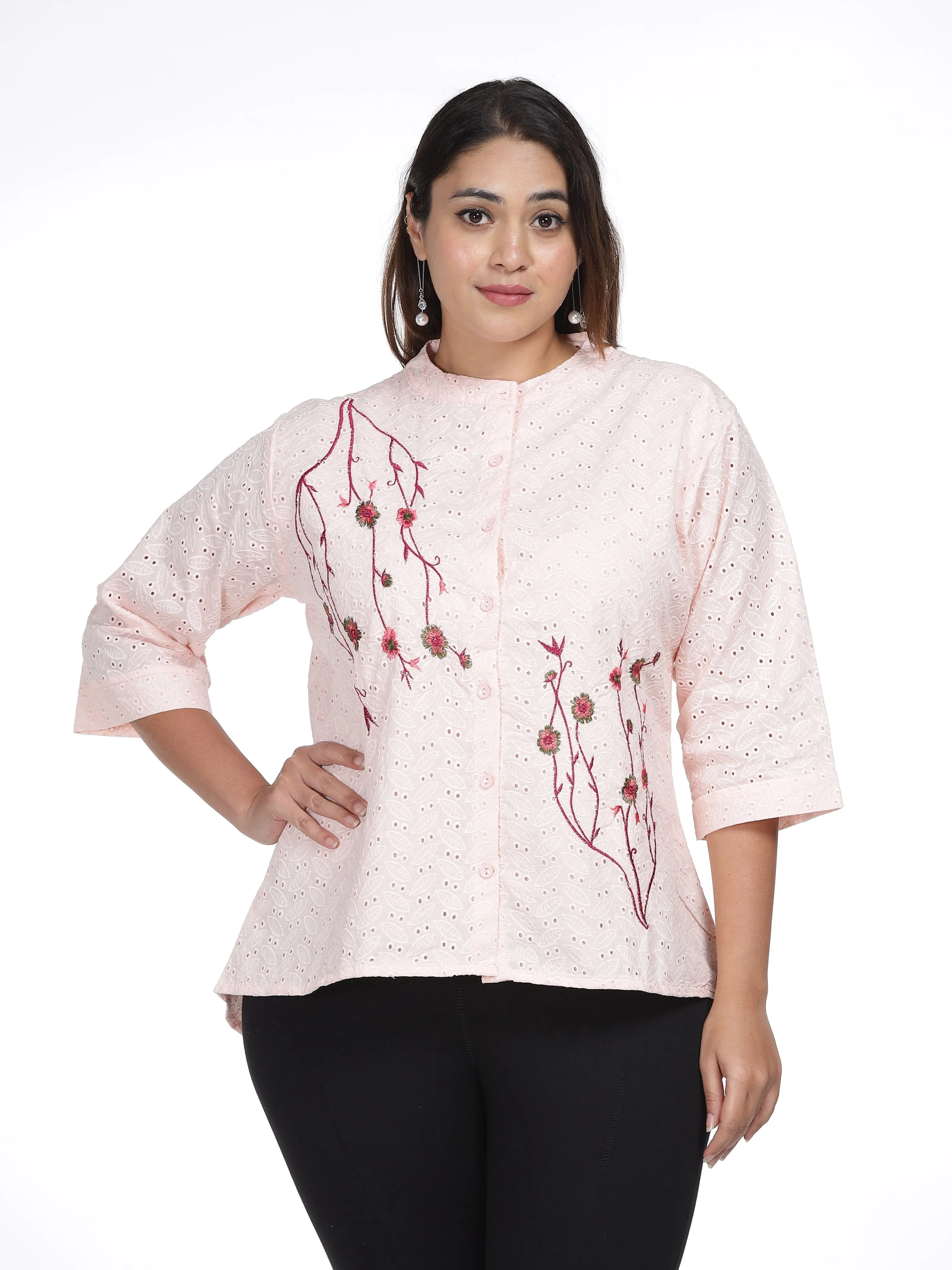 Cotton Top Floral Embroidery Peach