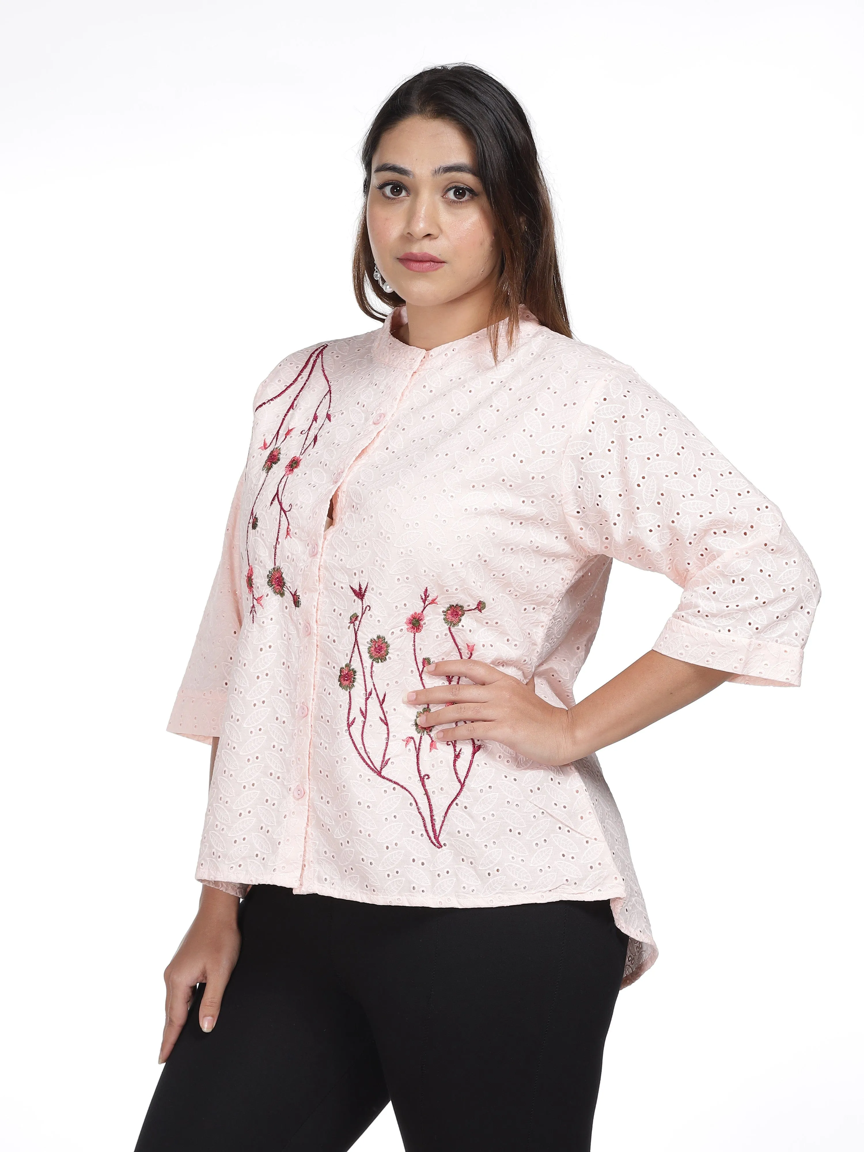 Cotton Top Floral Embroidery Peach