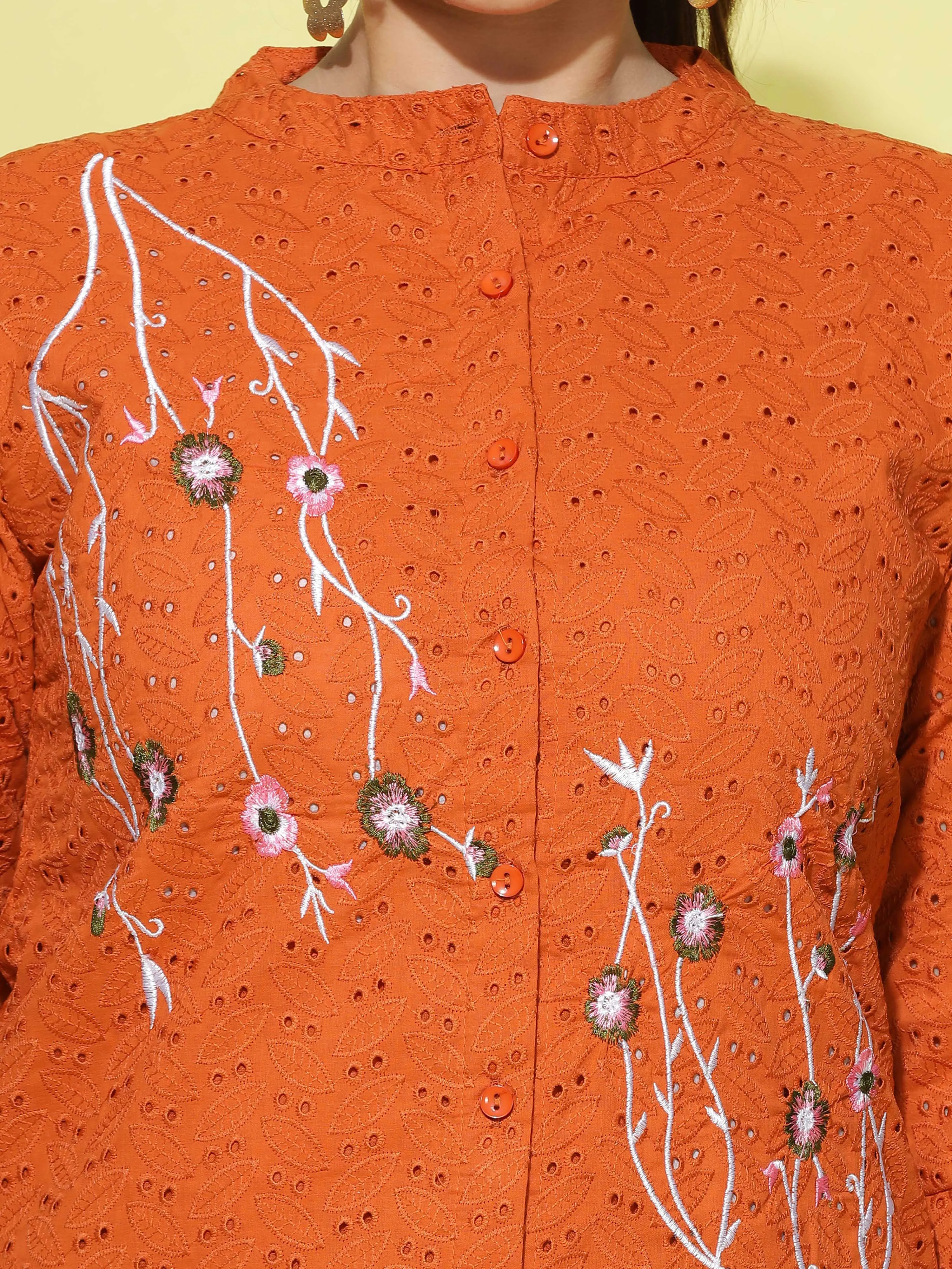 Cotton Top Floral Embroidery Rust